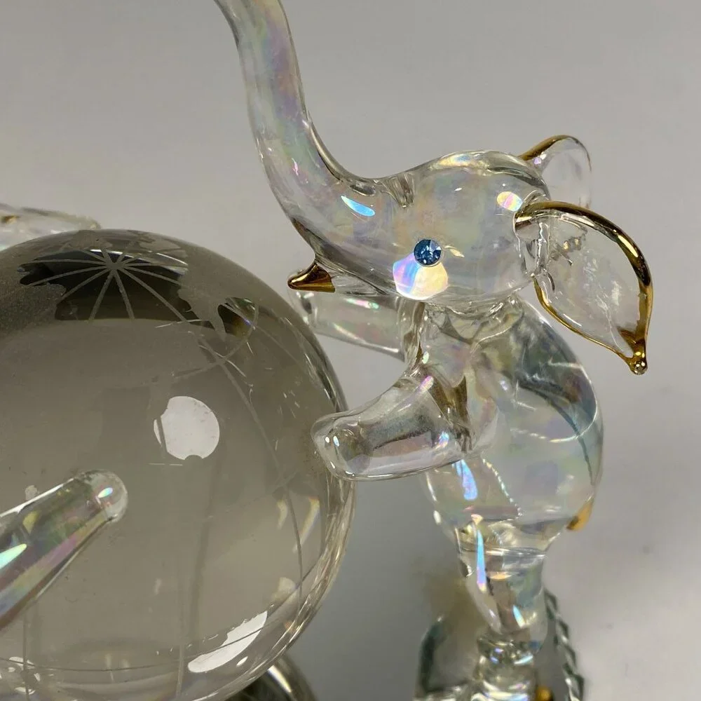 3 Hand Blown Glass Elephants on Globe Figurine Blue Rhinestone Eyes Mirror Base - Picture 4 of 11